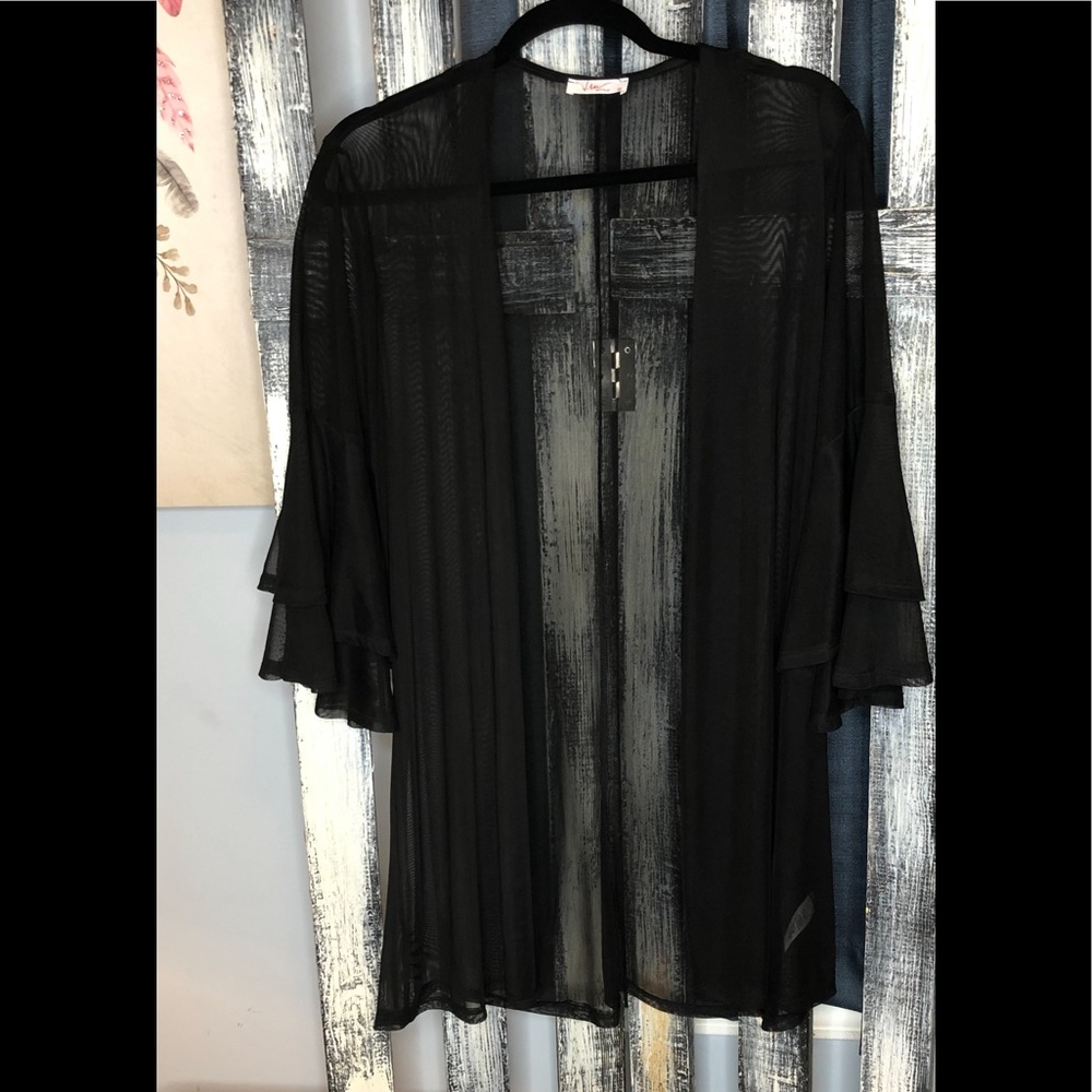 Mesh Double Bell Sleeve Kimono Black